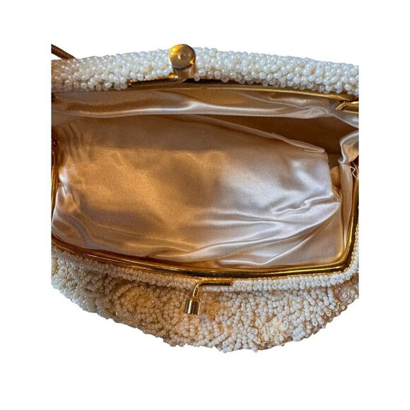 Shimmer Beaded Ivory Purse With Gold Chain Handle & Satin Lining - Picture 5 of 10